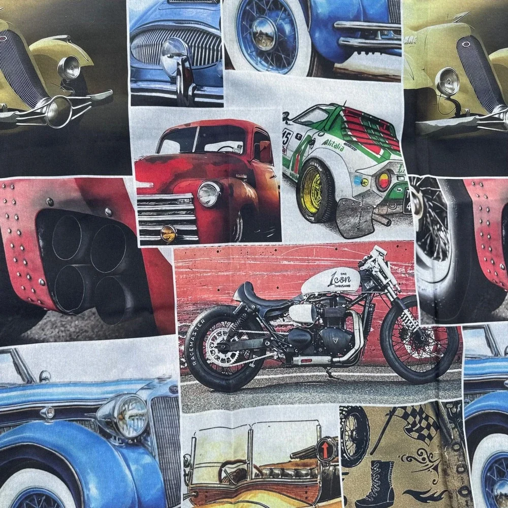 Classic Garage Cars Motorcycles Upholstery Fabric‎ Made in Spain 53x96